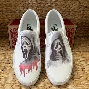 Vans - Custom Ghost Face Scream White Canvas Low Slip On